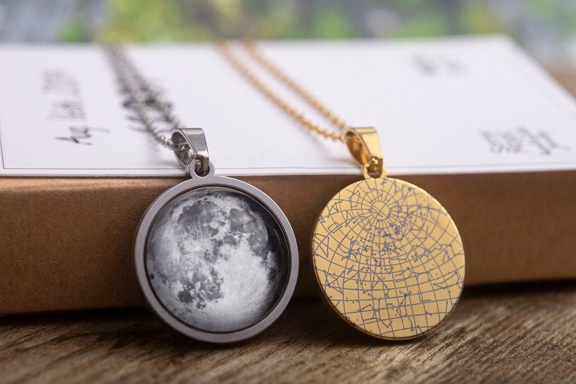 Custom Moon Phase And Star Map Necklace, Double Sided Pendant, Jewelry Birthday Gift For Women, Personalized Gift For Her, KP.7