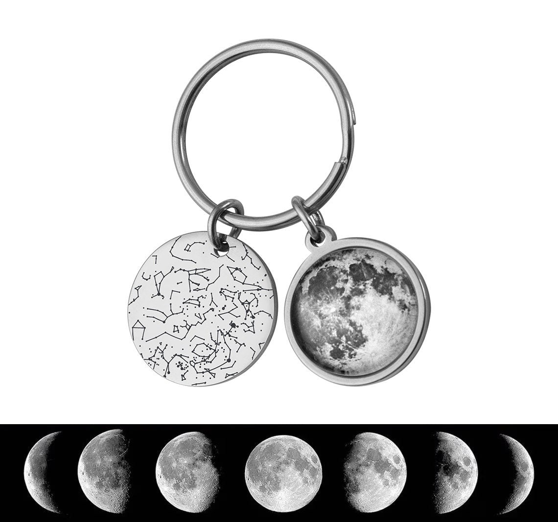 Star Map And Moon Phase Keychain, Custom Birth Moon Phase, Star Map By Date, Personalized Keyring, Anniversary Gift For Her Him Women, RP.1