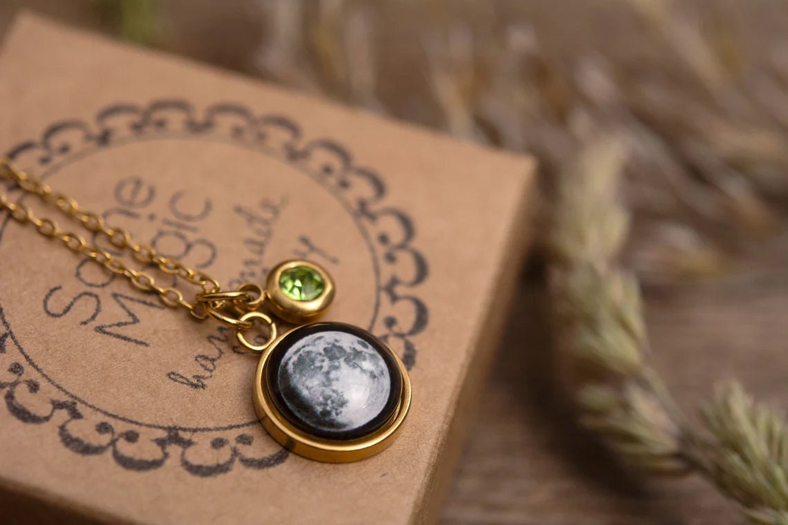 Birthstone & Moon Phase Necklace with Custom Engraved Initial and Date, Personalized Jewelry for Her, Custom Birthday Gift for Women, KP.8