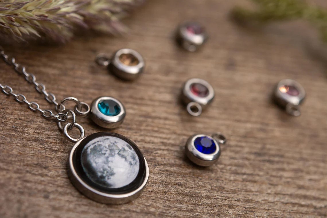Birthstone & Moon Phase Necklace with Custom Engraved Initial and Date, Personalized Jewelry for Her, Custom Birthday Gift for Women, KP.8
