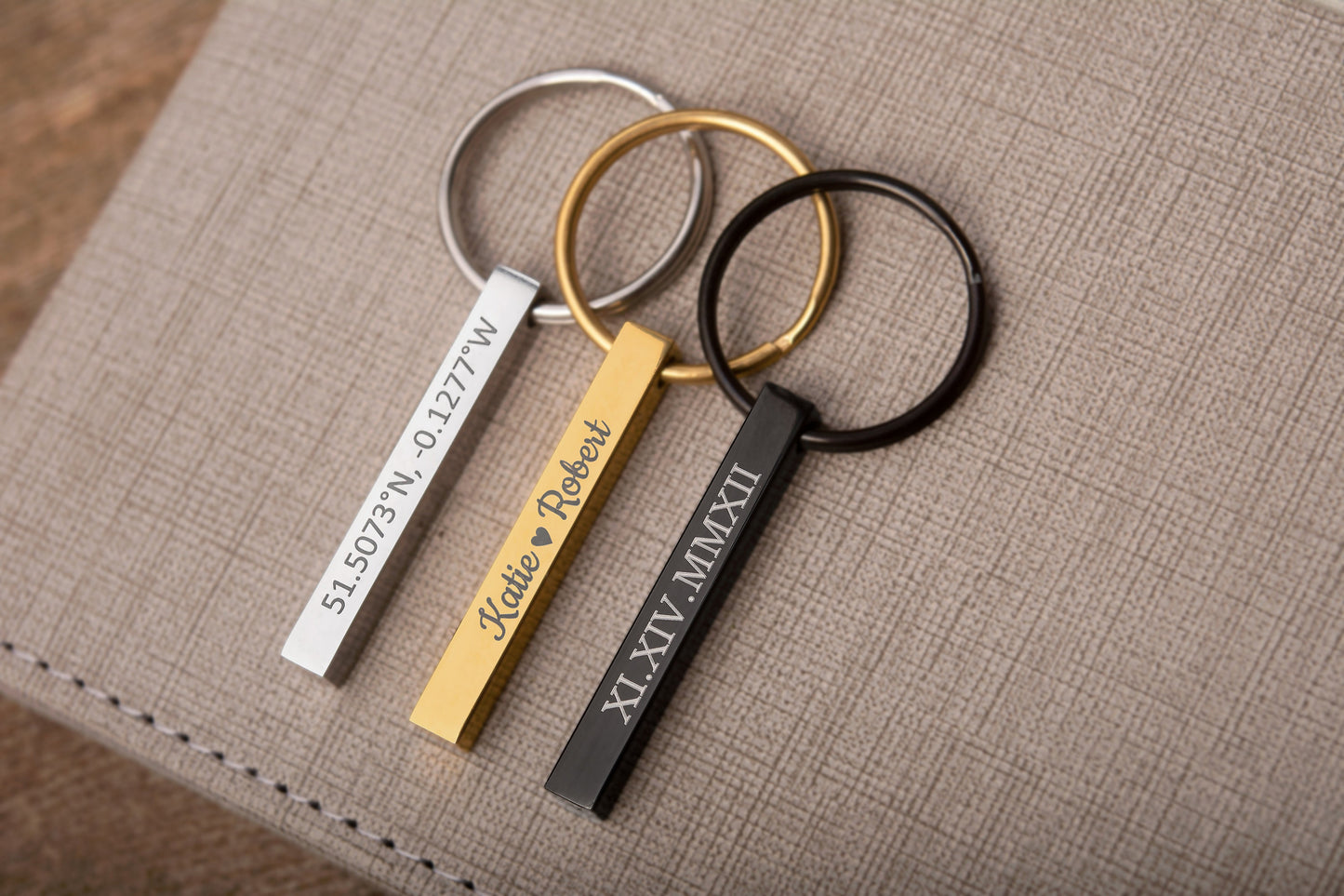 Custom Text 3D Bar Keychain, Personalized Name - Initials - Roman Numeral - Message Keyring, Anniversary or Birthday Gift For Her or Him C.2