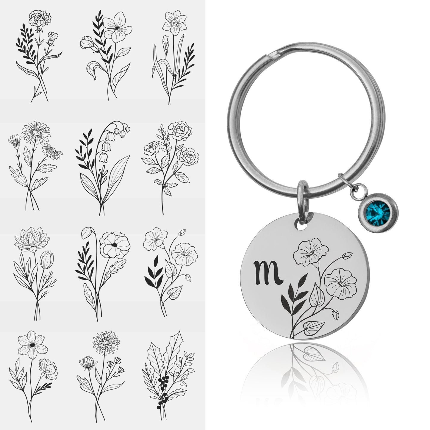 Birthstone And Birth Flower Keychain With Initial , Custom Engraved Keyring, Mothers Day Gift For Mom, Personalized Gift For Daughter, C.2