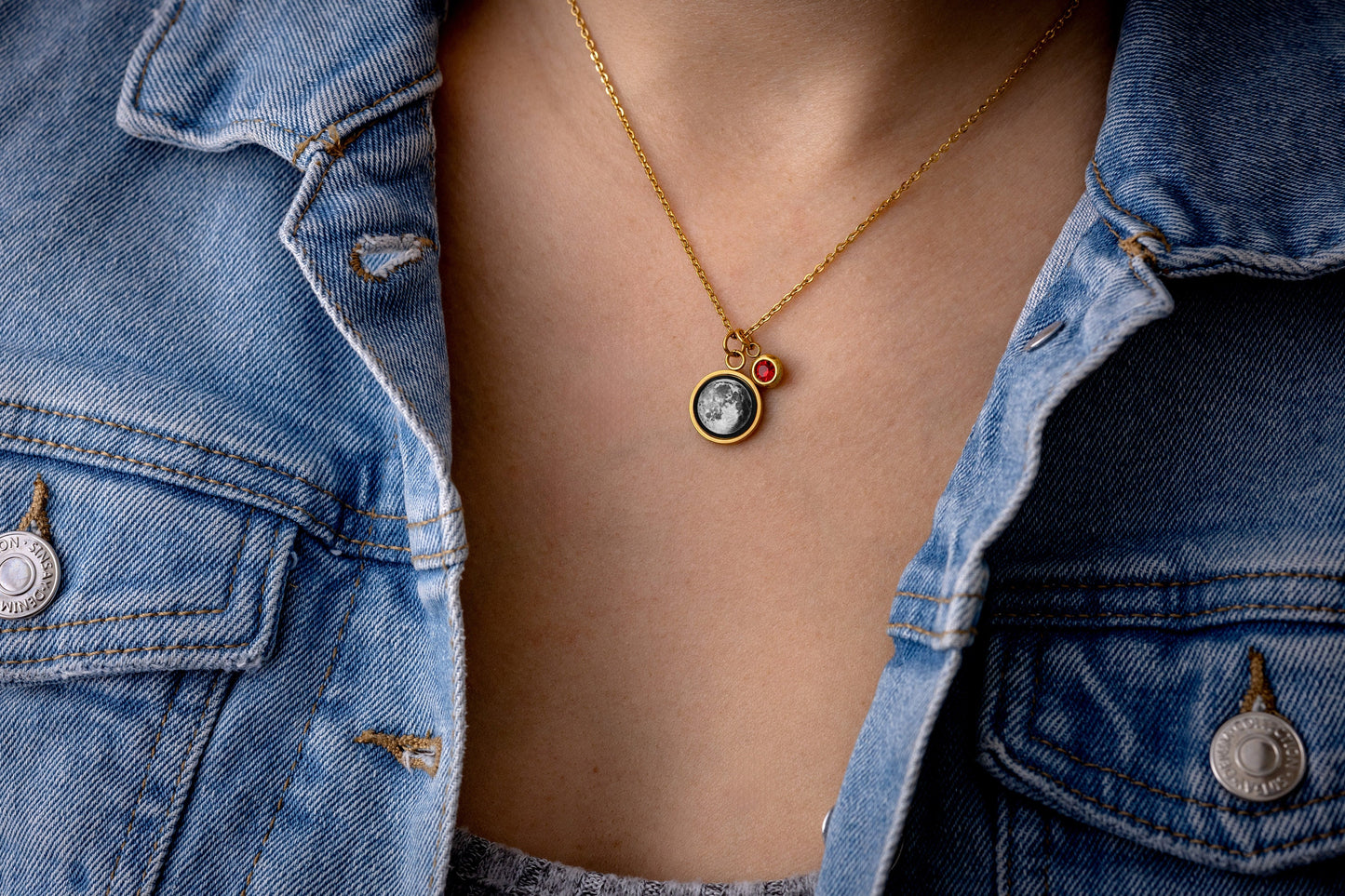 Birthstone & Moon Phase Necklace with Custom Engraved Initial and Date, Personalized Jewelry for Her, Custom Birthday Gift for Women, KP.8