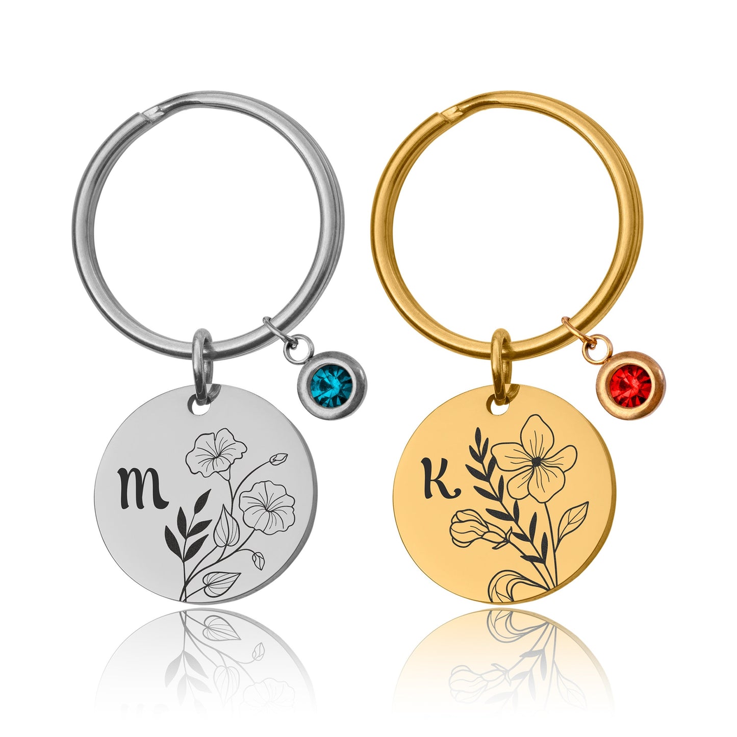 Birthstone And Birth Flower Keychain With Initial , Custom Engraved Keyring, Mothers Day Gift For Mom, Personalized Gift For Daughter, C.2