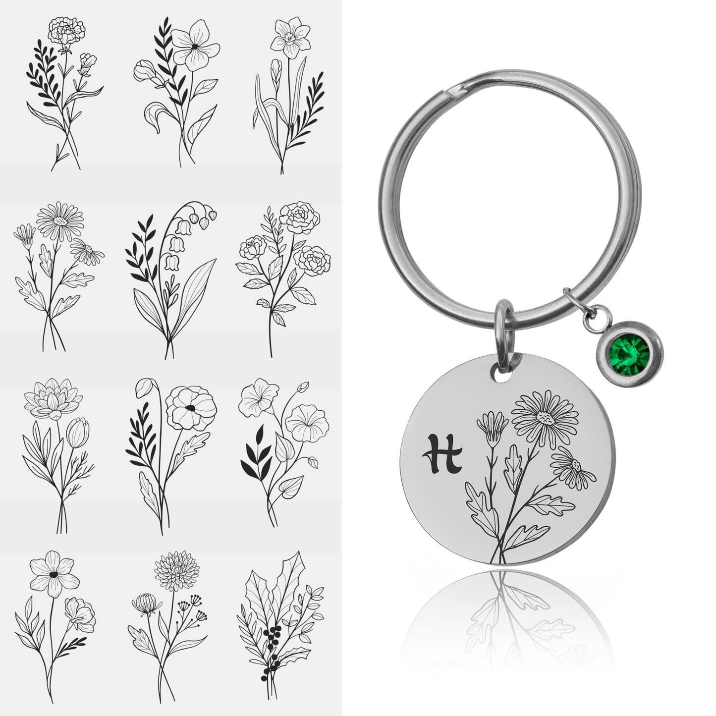Birth Flower And Birthstone Keyring With Initial , Custom Engraved Keychain, Mothers Day Gift For Mom, Personalized Gift Daughter, Nana, C.2