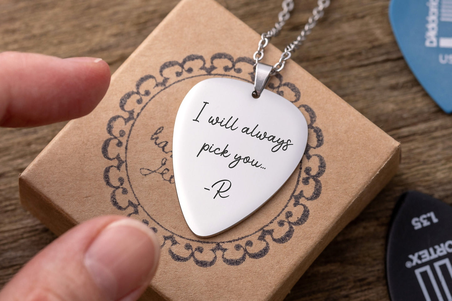 Custom Guitar Pick Necklace, Personalized Gift For Boyfriend, Girlfriend, Guitarist, Musician or Music Lover, Engraved Silver Jewelry, KP.2