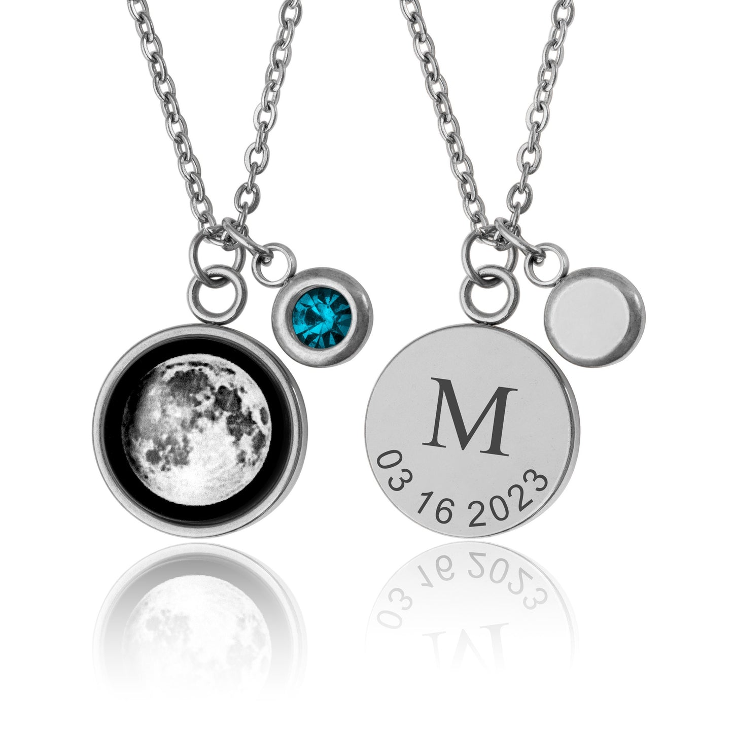 Birthstone & Moon Phase Necklace with Custom Engraved Initial and Date, Personalized Jewelry for Her, Custom Birthday Gift for Women, KP.8