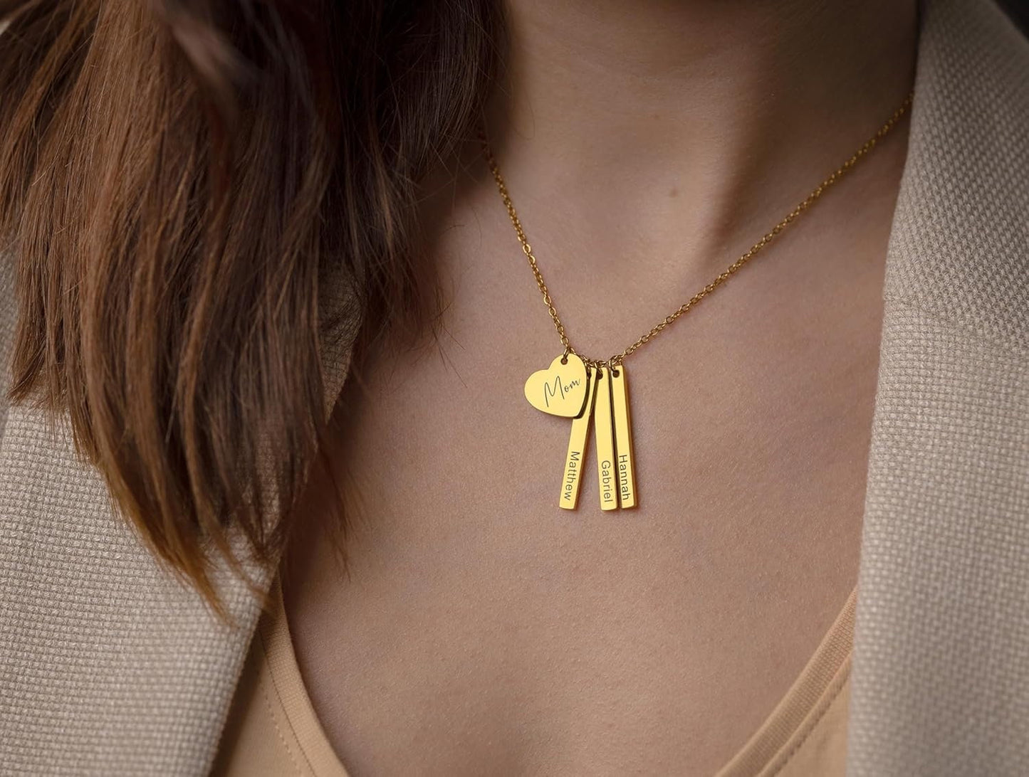 Personalized Kids Name Necklace for Mom - Custom Heart and Vertical Bar Necklace with Multiple Name Pendants - Gift for Her, for Women, KP.2
