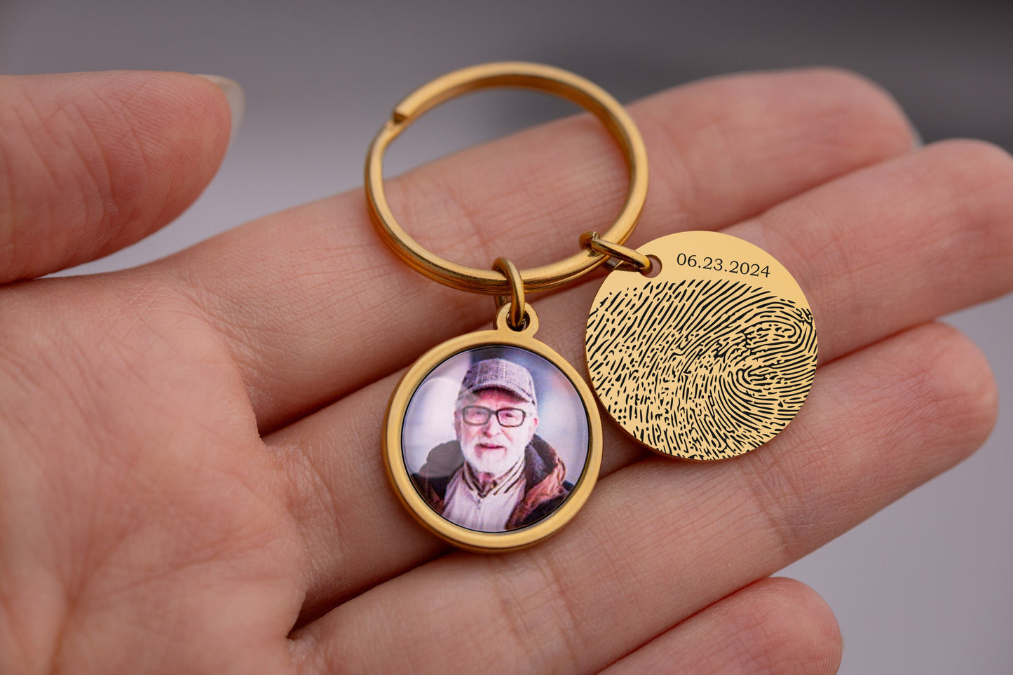 Memorial Keychain With Photo And Actual Fingerprint, Loss Of Father, Loss Of Dad, Custom Keyring, Personalized Remembrance Gift, C.1