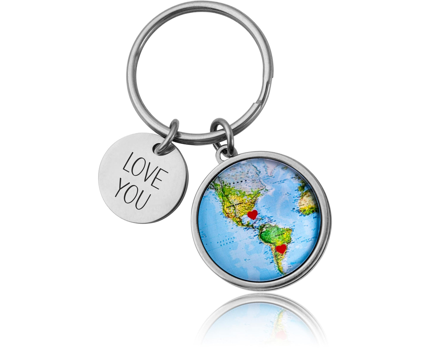 World Map Keychain with Hearts Personalized Long Distance Relationship Gift for Boyfriend, Girlfriend, or Best Friend, Custom Keyring, C.1