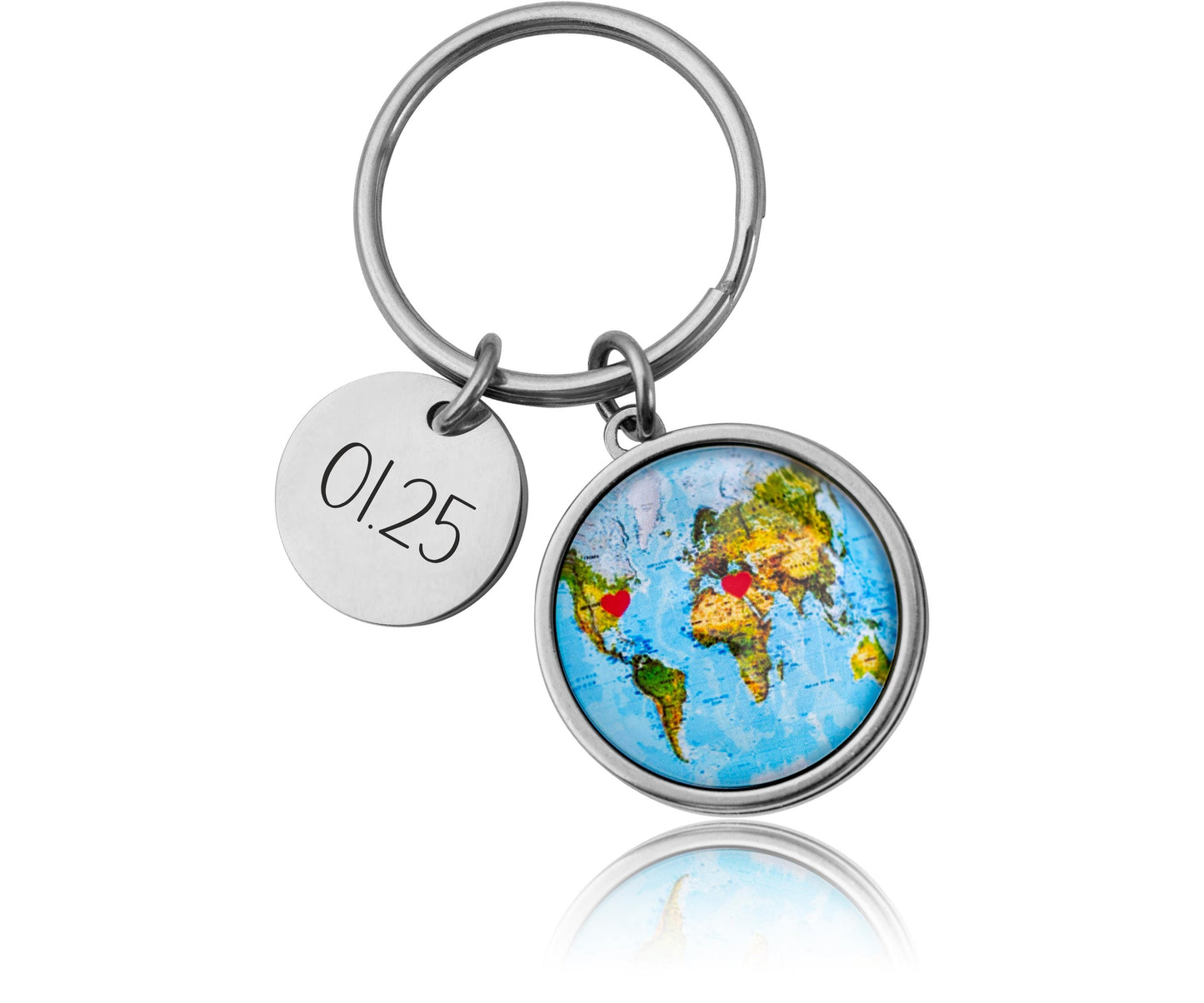 World Map Keychain with Hearts Personalized Long Distance Relationship Gift for Boyfriend, Girlfriend, or Best Friend, Custom Keyring, C.1
