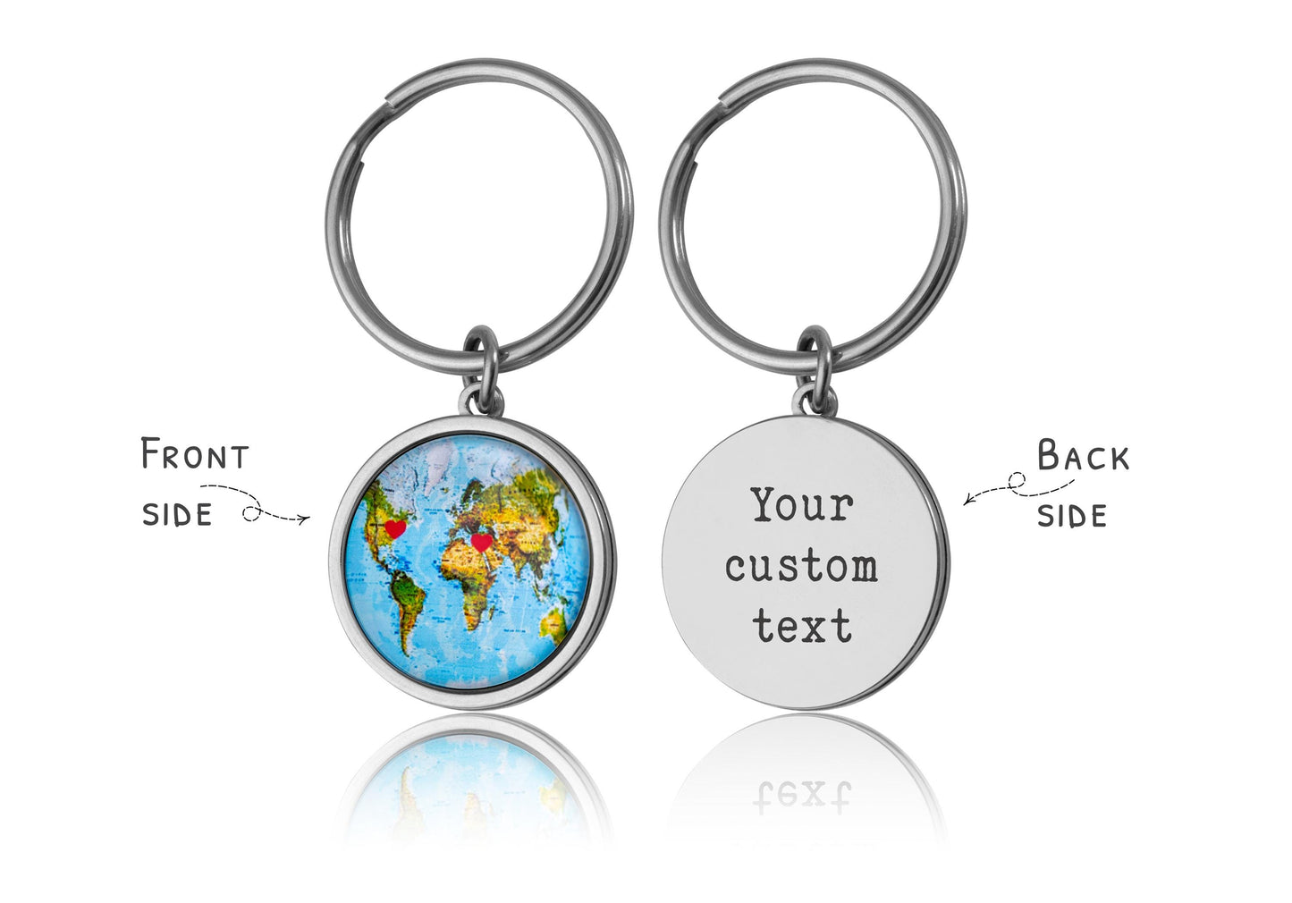 Custom Map Keychain with Hearts in Chosen Locations or Places Personalized Long Distance Relationship Gift for Boyfriend, Girlfriend, C.1