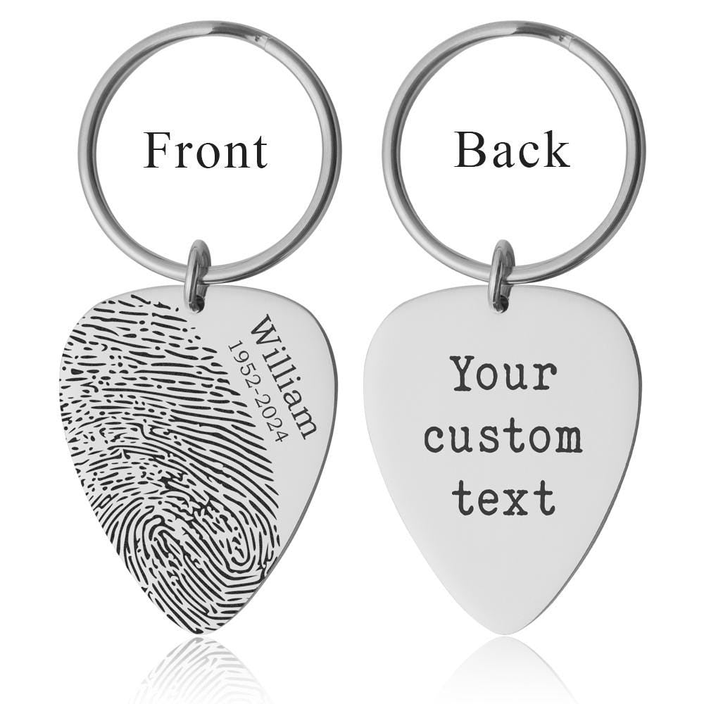 Actual Fingerprint Keychain, Guitar Pick Keychain, Engraved Custom Keyring, Memorial Gift, Loss Of Father, Guitarist Grief Keepsake, C.2