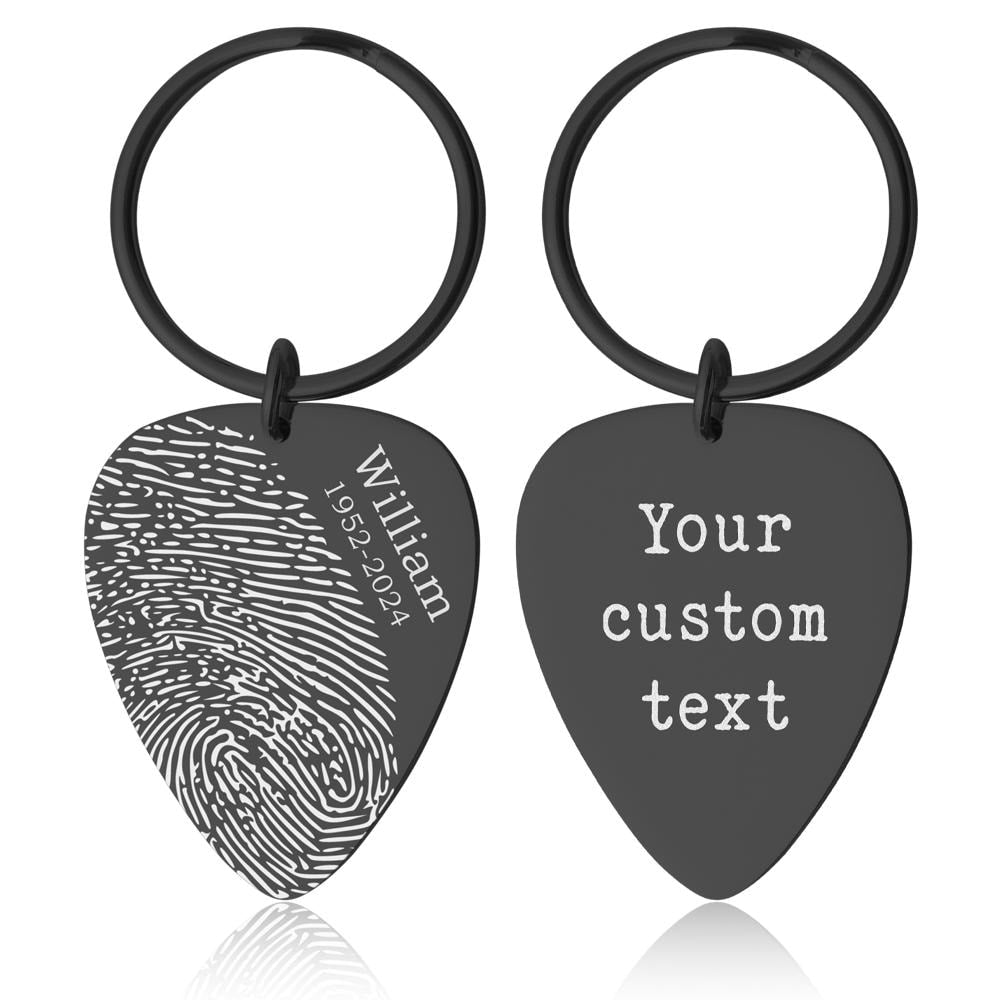 Actual Fingerprint Keychain, Guitar Pick Keychain, Engraved Custom Keyring, Memorial Gift, Loss Of Father, Guitarist Grief Keepsake, C.2
