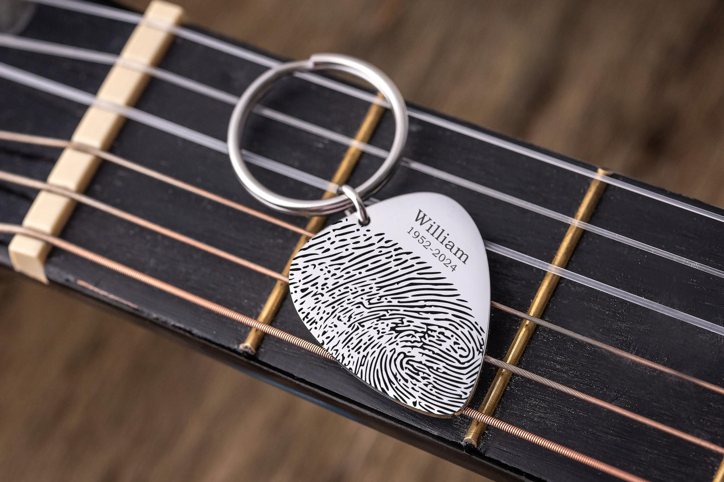 Actual Fingerprint Keychain, Guitar Pick Keychain, Engraved Custom Keyring, Memorial Gift, Loss Of Father, Guitarist Grief Keepsake, C.2