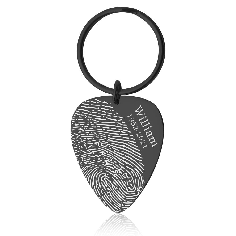 Actual Fingerprint Keychain, Guitar Pick Keychain, Engraved Custom Keyring, Memorial Gift, Loss Of Father, Guitarist Grief Keepsake, C.2