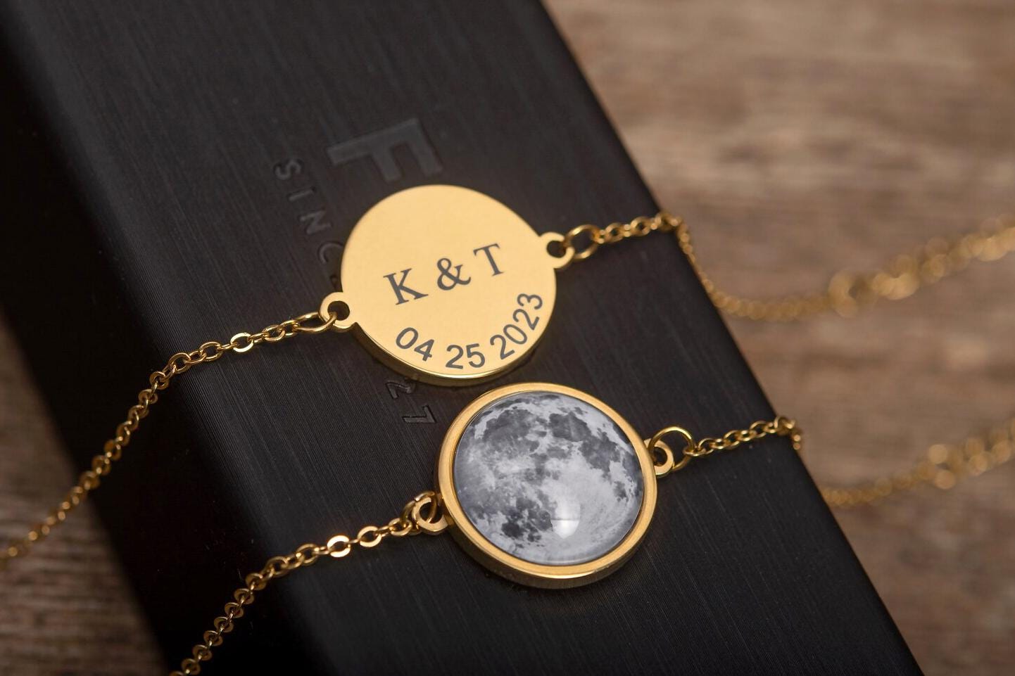 Custom Moon Phase Bracelet with Engraving on Back, Initial + Date or Unique Star Map, Personalized Birthday or Anniversary Gift for Her AP.1