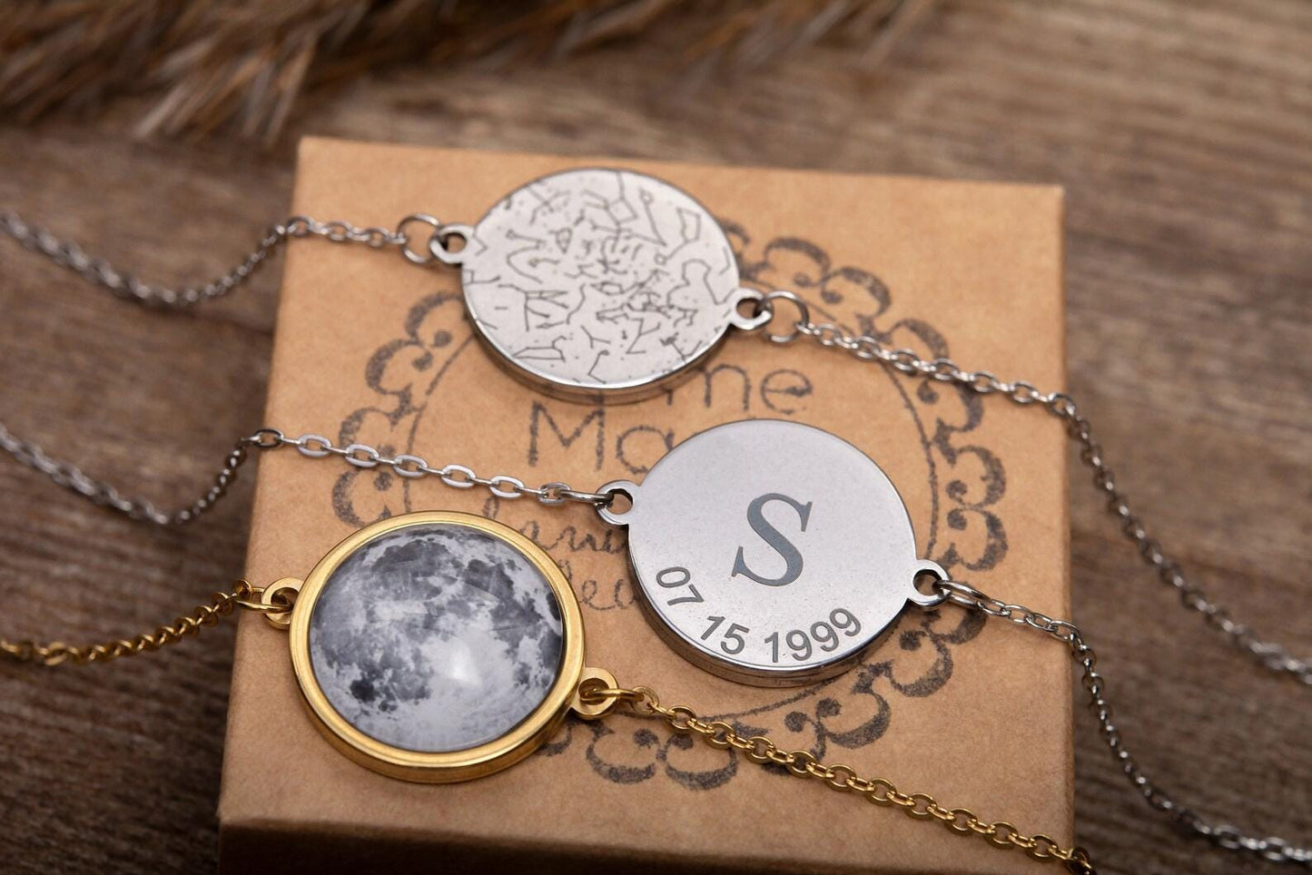 Custom Moon Phase Bracelet with Engraving on Back, Initial + Date or Unique Star Map, Personalized Birthday or Anniversary Gift for Her AP.1