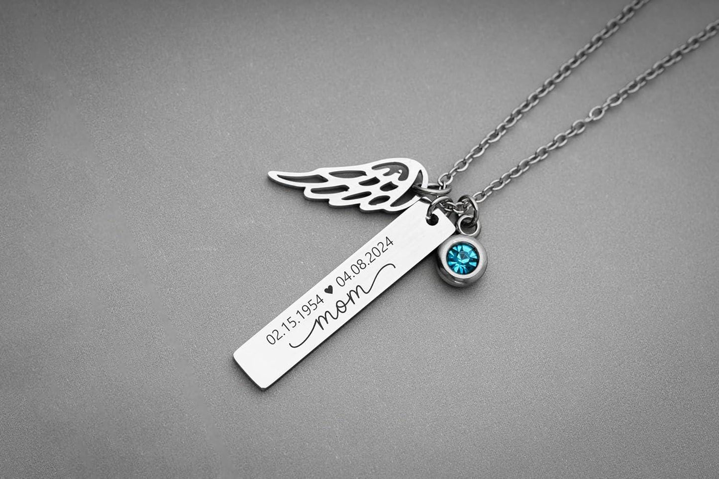 Loss of Mom Personalized Monogram Necklace with Angel Wing & Birthstone, Loss of Mother Memorial Jewelry, Sympathy Grief Gift, KP.6