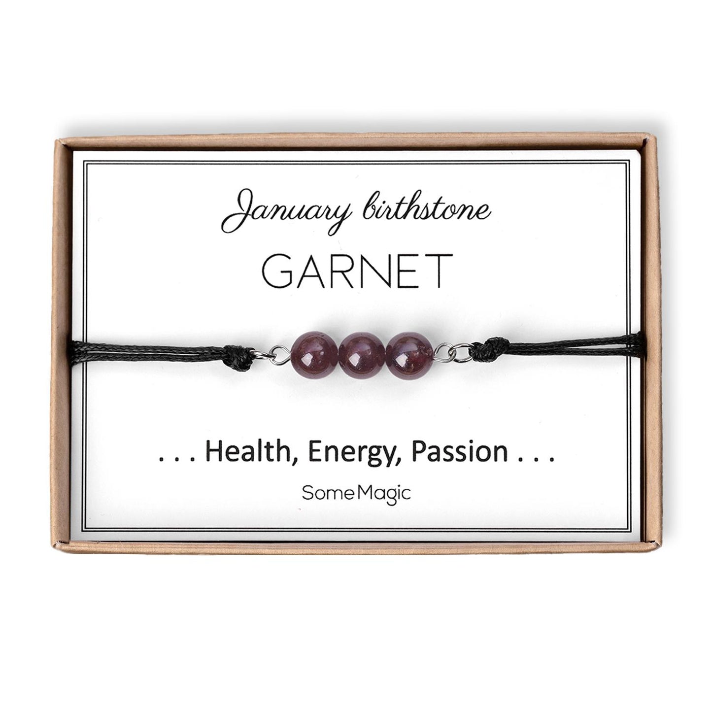 January Birthstone Bracelet with Natural Garnet Crystal, Adjustable Cord Bracelet, Gemstone Jewelry, Birthday Gift with Meaning Card, BGM