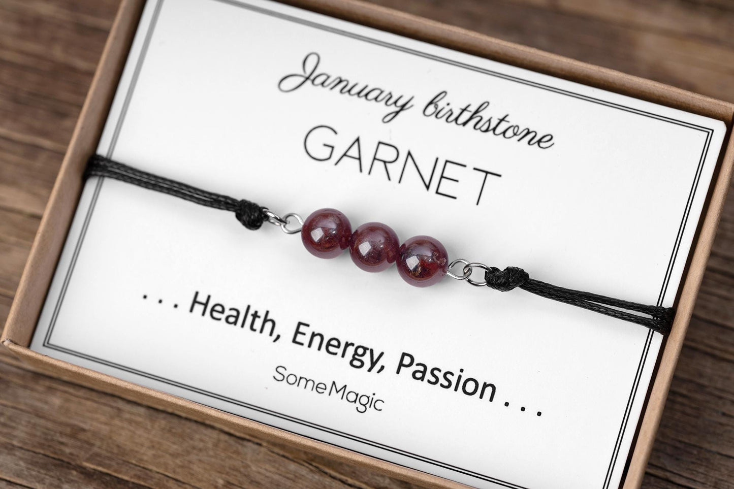 January Birthstone Bracelet with Natural Garnet Crystal, Adjustable Cord Bracelet, Gemstone Jewelry, Birthday Gift with Meaning Card, BGM