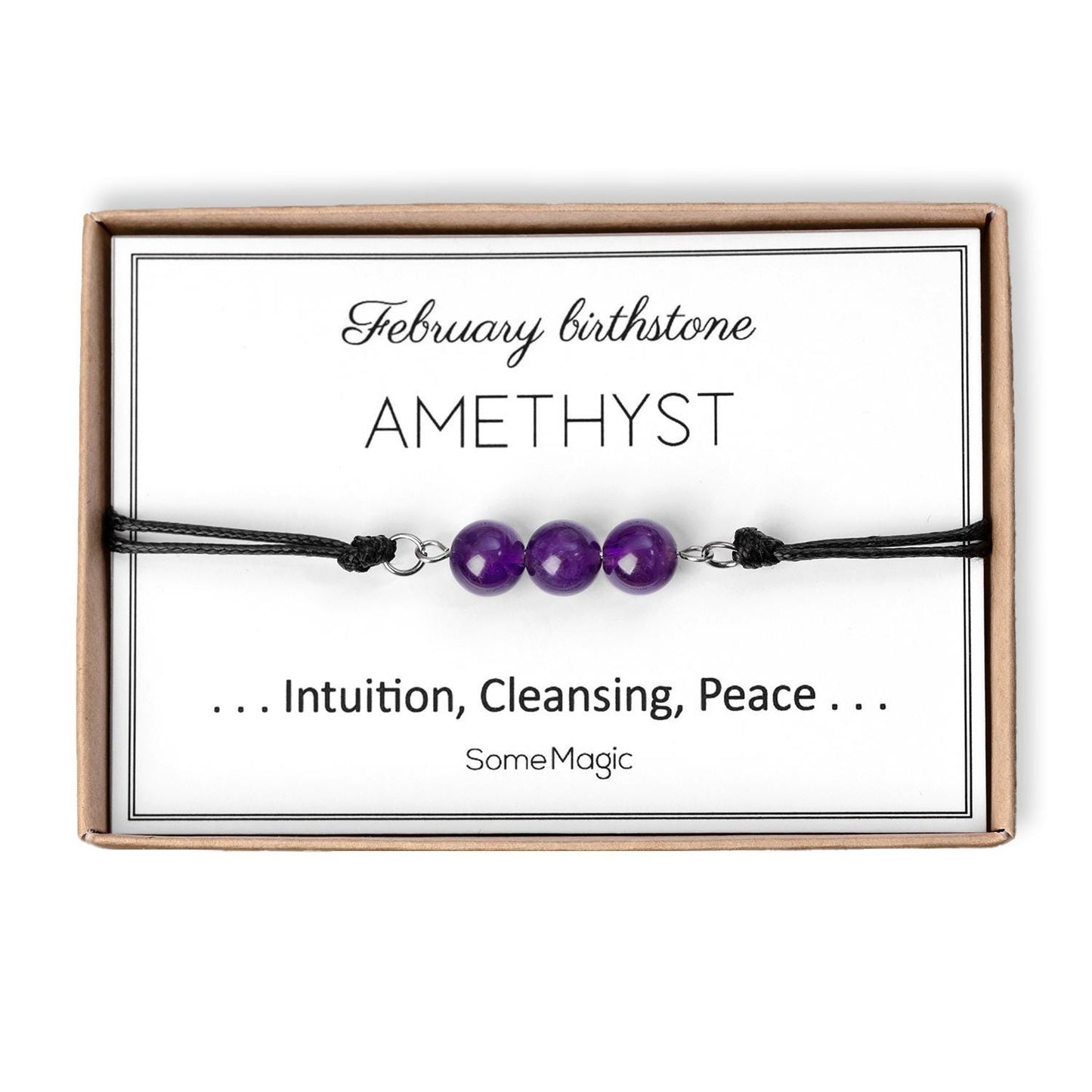 February Birthstone Bracelet with Natural Amethyst Crystal, Adjustable Cord Bracelet, Gemstone Jewelry, Birthday Gift with Meaning Card, BGM