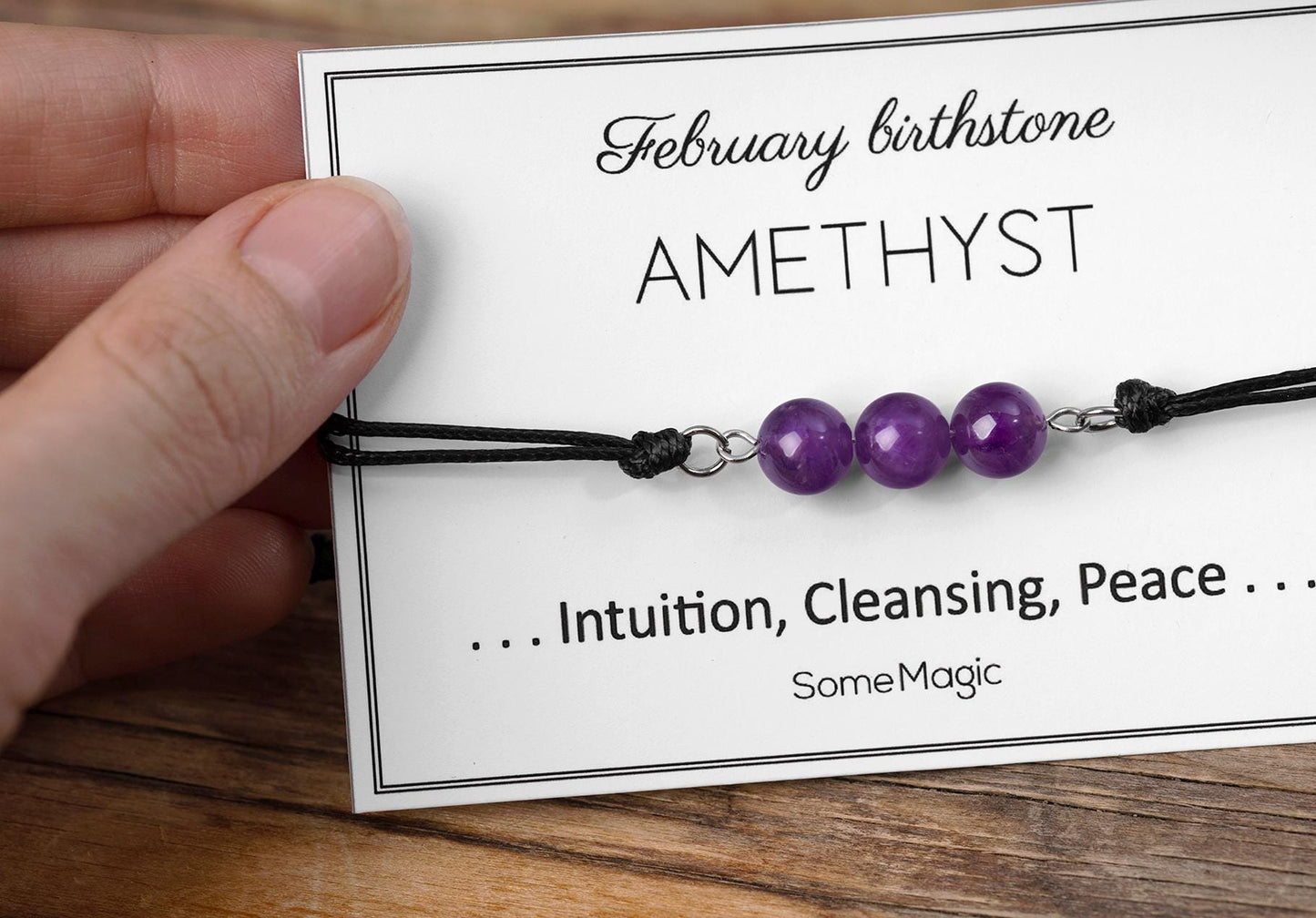 February Birthstone Bracelet with Natural Amethyst Crystal, Adjustable Cord Bracelet, Gemstone Jewelry, Birthday Gift with Meaning Card, BGM