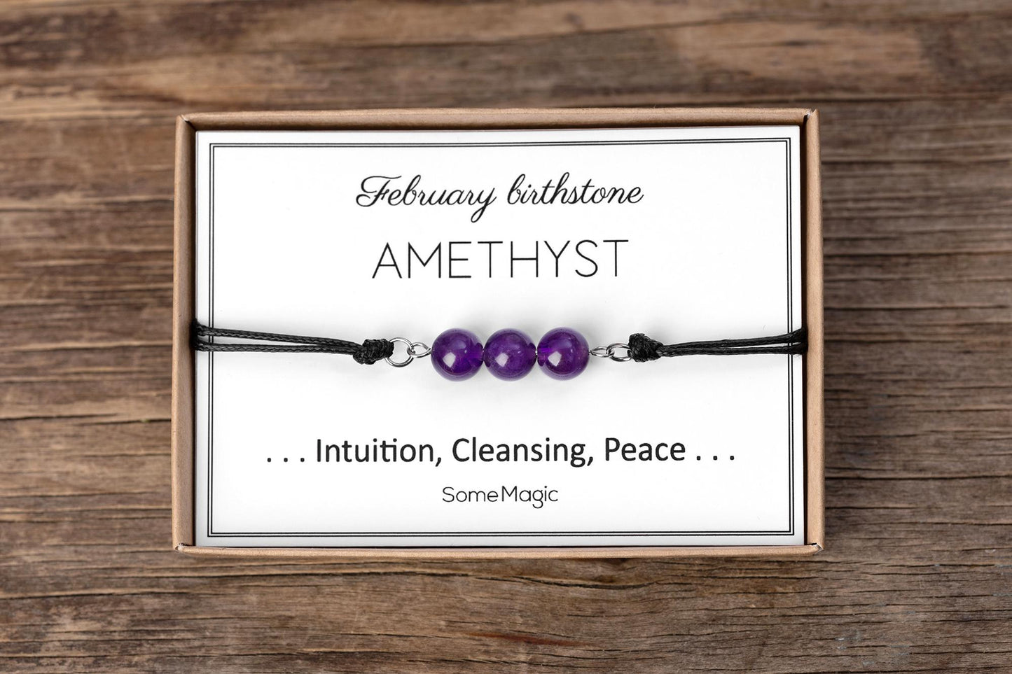 February Birthstone Bracelet with Natural Amethyst Crystal, Adjustable Cord Bracelet, Gemstone Jewelry, Birthday Gift with Meaning Card, BGM
