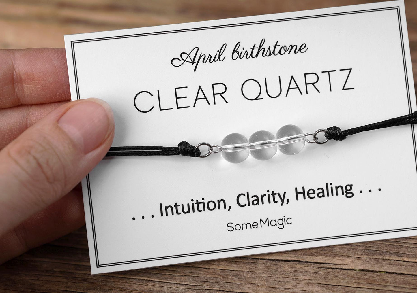 April Birthstone Bracelet with Natural Clear Quartz Crystal, Adjustable Cord Bracelet, Gemstone Jewelry, Birthday Gift with Meaning Card BGM