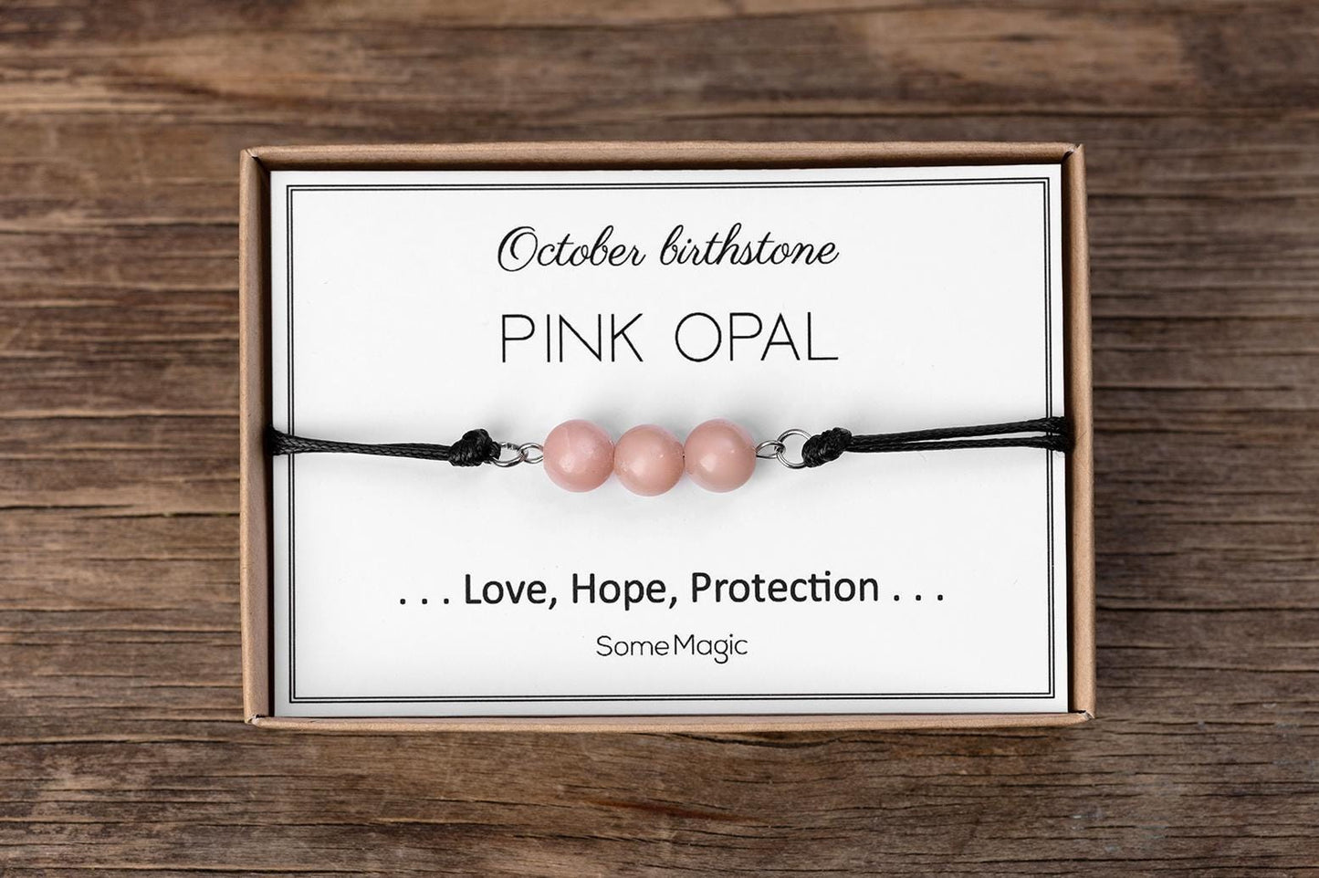 October Birthstone Bracelet with Natural Pink Opal Crystal, Adjustable Cord Bracelet, Gemstone Jewelry, Birthday Gift with Meaning Card, BGM