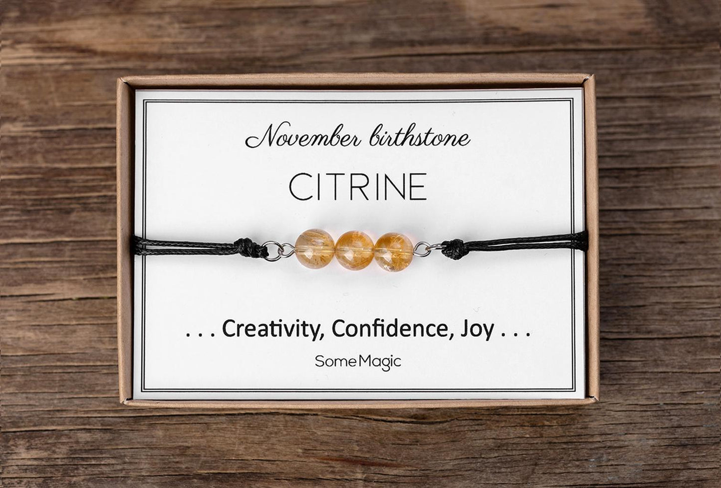 November Birthstone Bracelet with Natural Citrine Crystal, Adjustable Cord Bracelet, Gemstone Jewelry, Birthday Gift with Meaning Card, BGM
