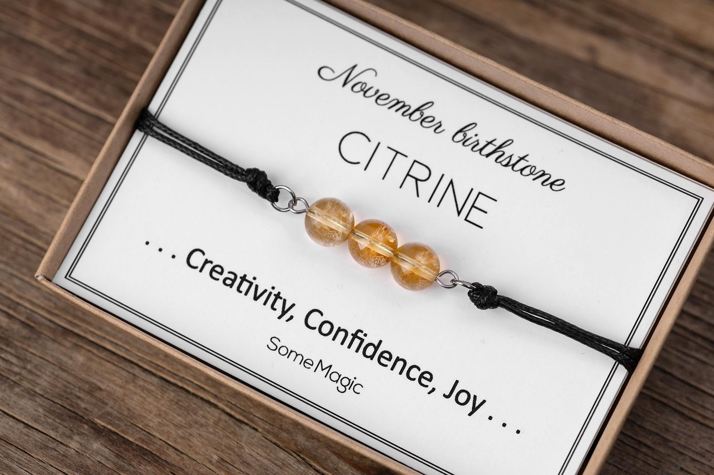 November Birthstone Bracelet with Natural Citrine Crystal, Adjustable Cord Bracelet, Gemstone Jewelry, Birthday Gift with Meaning Card, BGM