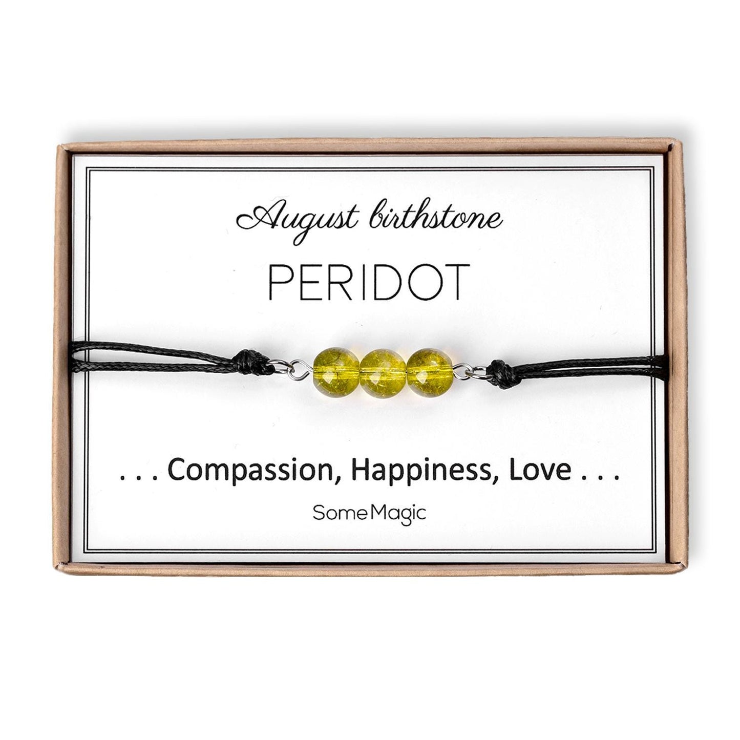 August Birthstone Bracelet with Natural Peridot Crystal, Adjustable Cord Bracelet, Gemstone Jewelry, Birthday Gift with Meaning Card, BGM