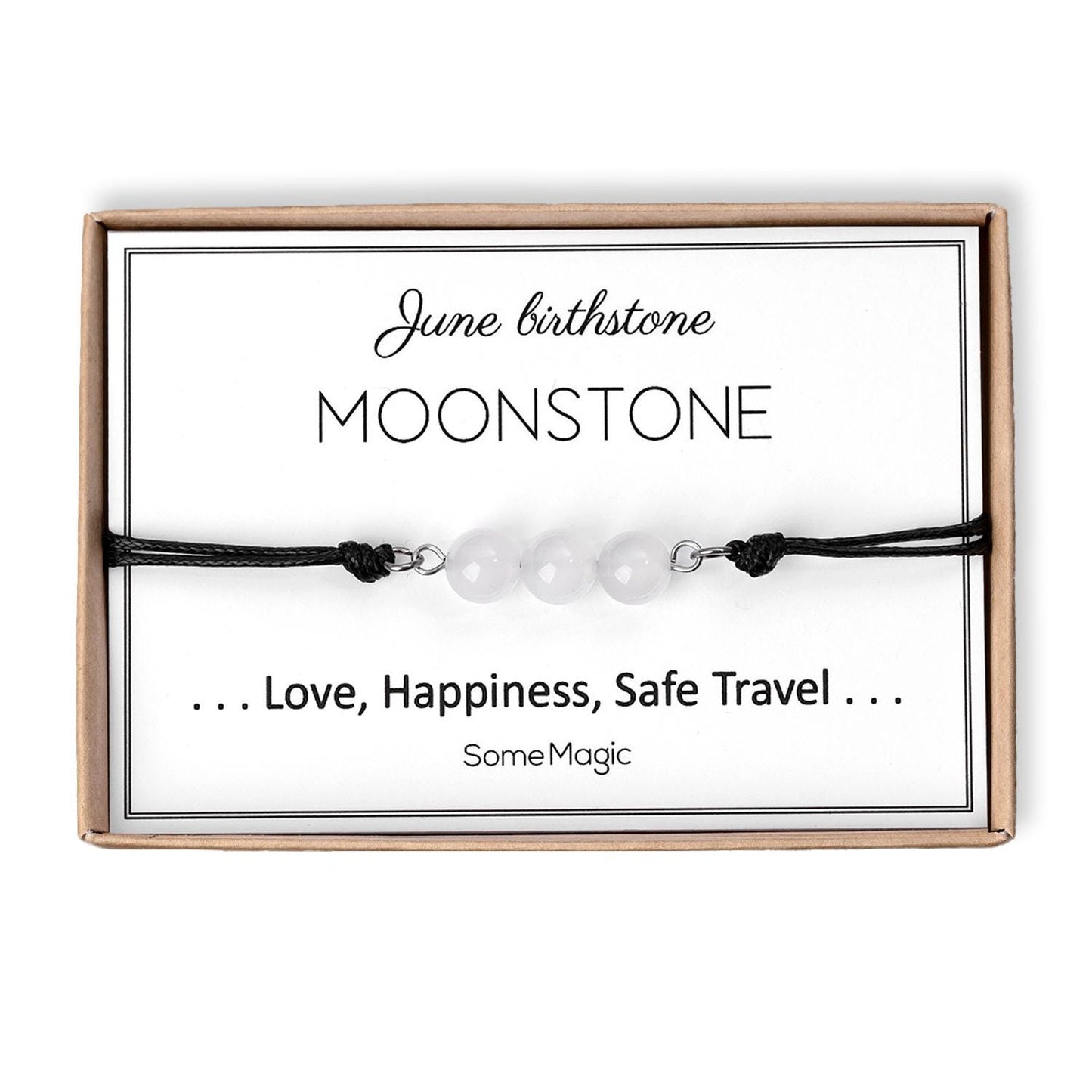 June Birthstone Bracelet with Natural Moonstone Crystal, Adjustable Cord Bracelet, Gemstone Jewelry, Birthday Gift with Meaning Card, BGM