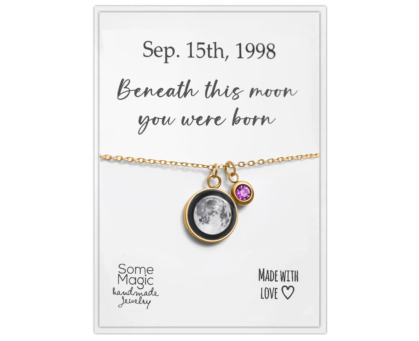 Birthstone & Moon Phase Necklace with Custom Engraved Initial and Date, Personalized Jewelry for Her, Custom Birthday Gift for Women, KP.8