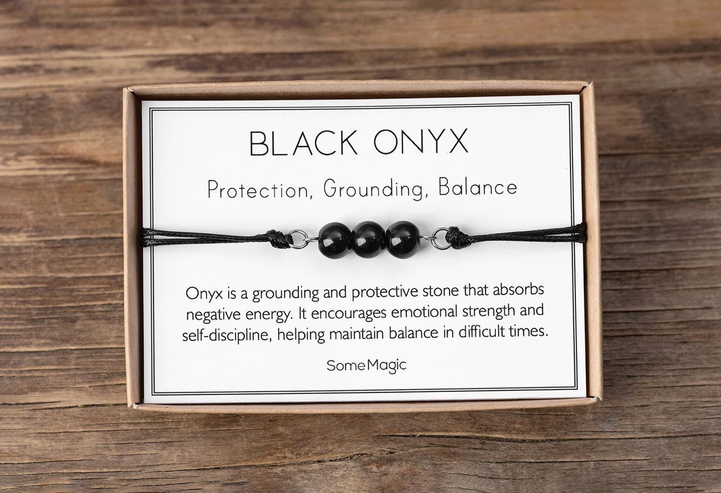 Black Onyx Cord Bracelet - Adjustable Black Crystal Jewelry for Strength, Protection & Focus - Natural Gemstone Gift for Him or Her, MGM