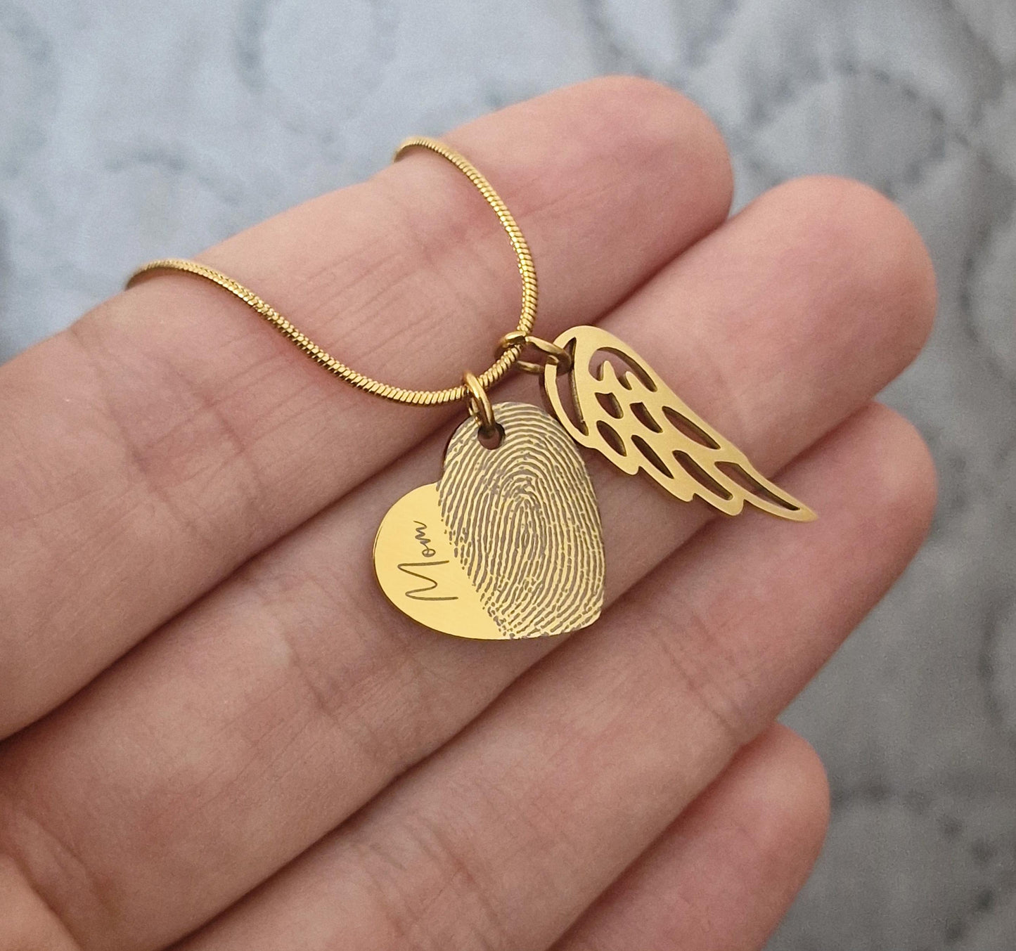 Fingerprint Memorial Necklace, Personalized Keepsake, Sympathy Gift, Grief Gift, Loss Of Loved One, Custom Engraved Jewelry, Angel Wing, C.2