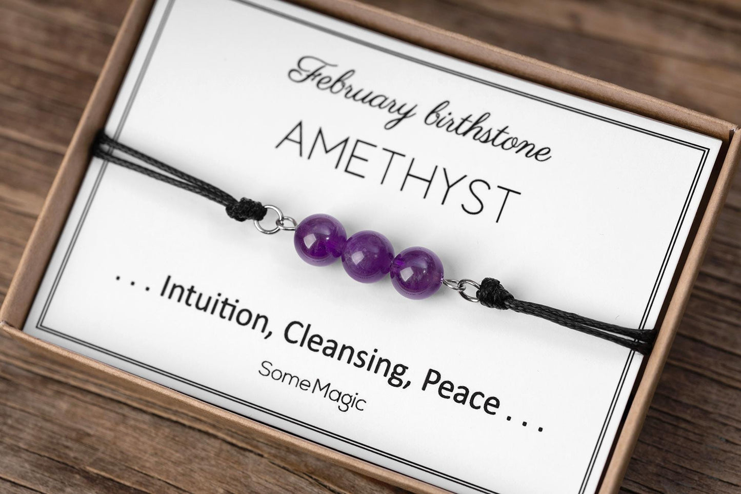 February Birthstone Bracelet with Natural Amethyst Crystal, Adjustable Cord Bracelet, Gemstone Jewelry, Birthday Gift with Meaning Card, BGM
