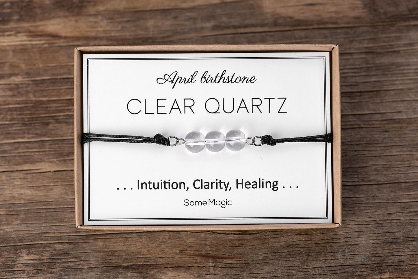 April Birthstone Bracelet with Natural Clear Quartz Crystal, Adjustable Cord Bracelet, Gemstone Jewelry, Birthday Gift with Meaning Card BGM