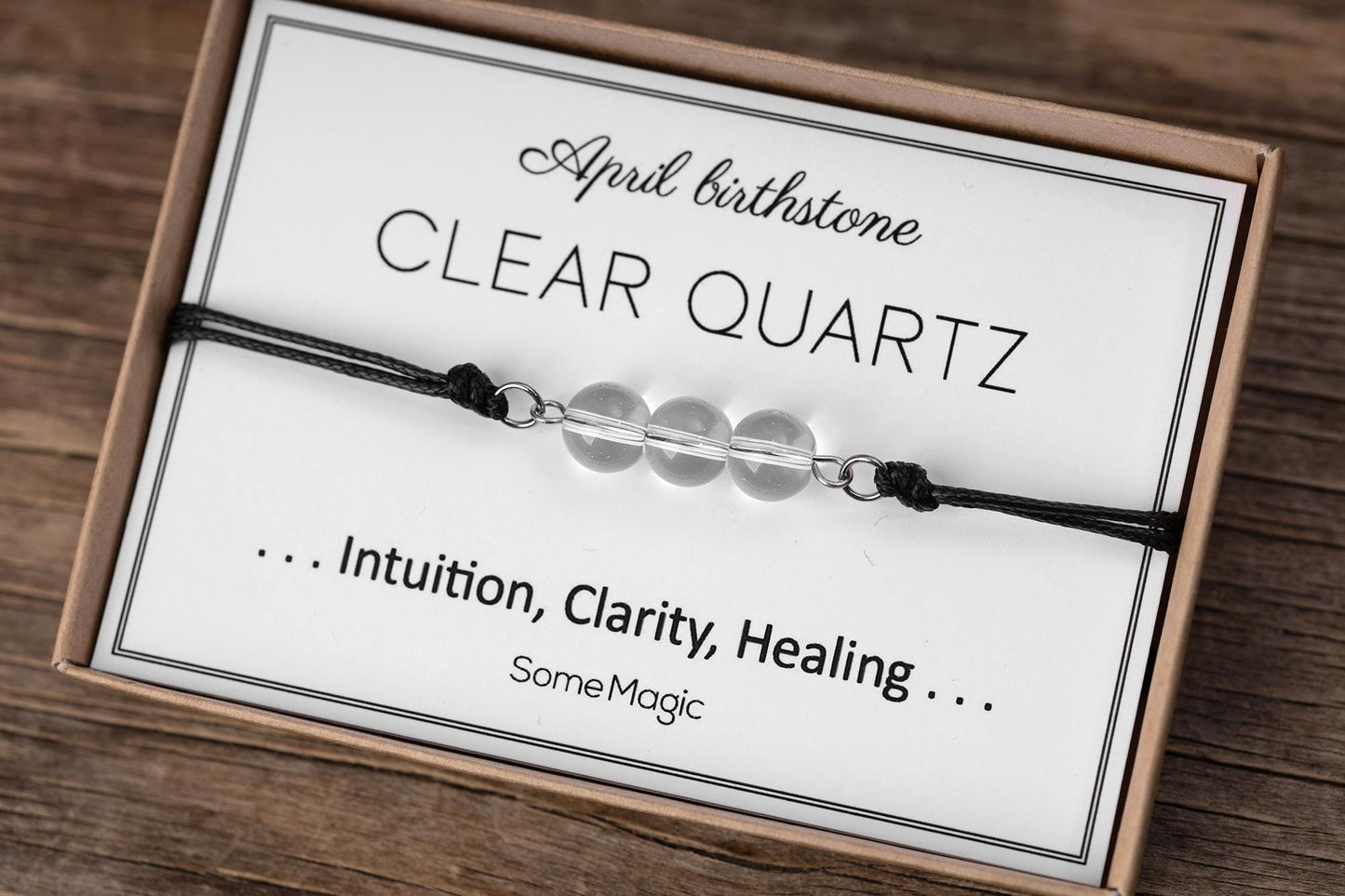 April Birthstone Bracelet with Natural Clear Quartz Crystal, Adjustable Cord Bracelet, Gemstone Jewelry, Birthday Gift with Meaning Card BGM