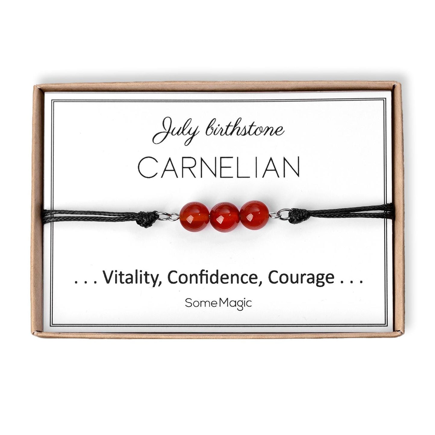 July Birthstone Bracelet with Natural Carnelian Crystal, Adjustable Cord Bracelet, Gemstone Jewelry, Birthday Gift with Meaning Card, BGM
