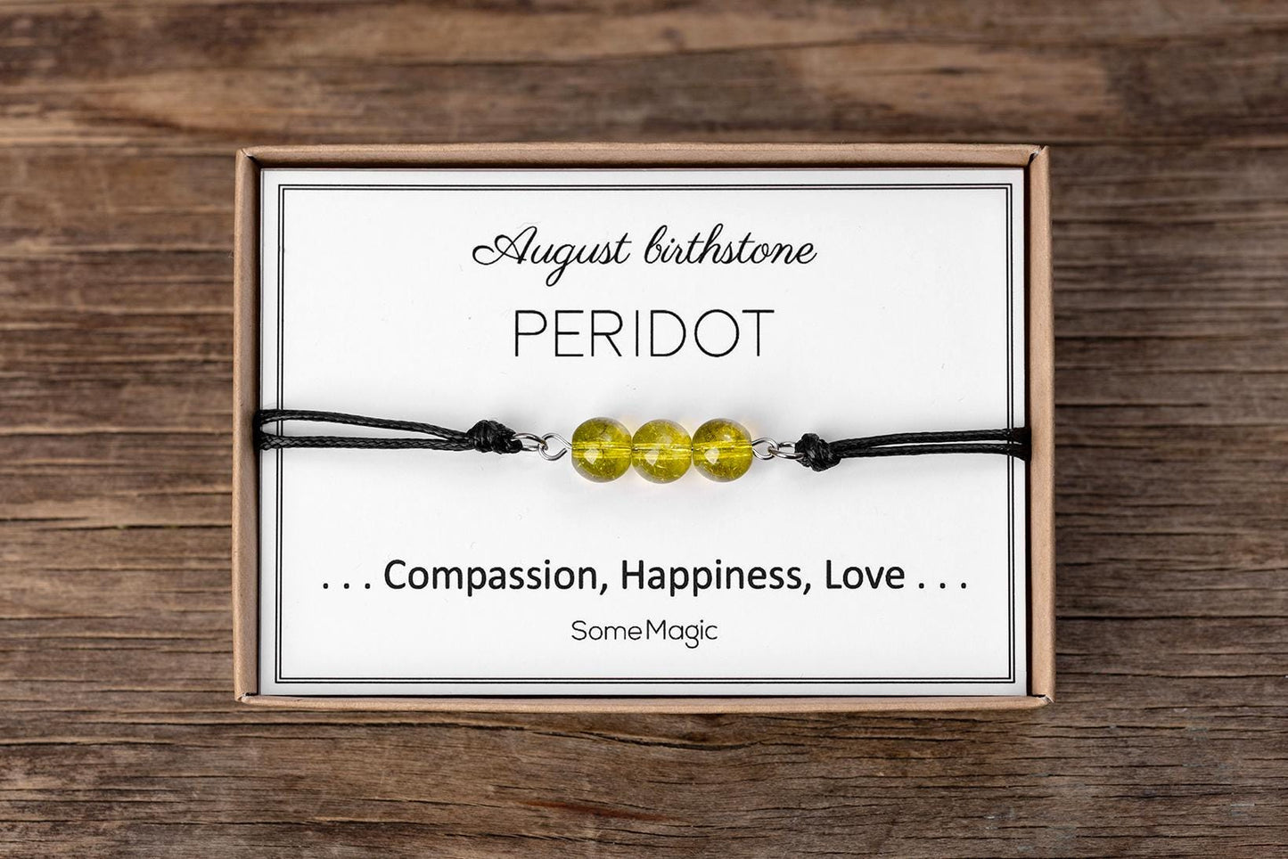 August Birthstone Bracelet with Natural Peridot Crystal, Adjustable Cord Bracelet, Gemstone Jewelry, Birthday Gift with Meaning Card, BGM