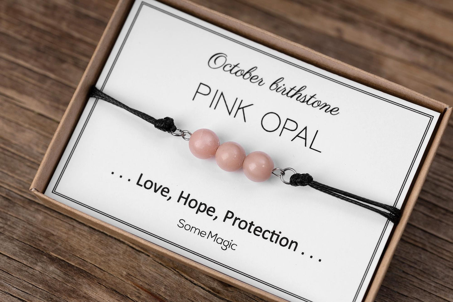 October Birthstone Bracelet with Natural Pink Opal Crystal, Adjustable Cord Bracelet, Gemstone Jewelry, Birthday Gift with Meaning Card, BGM