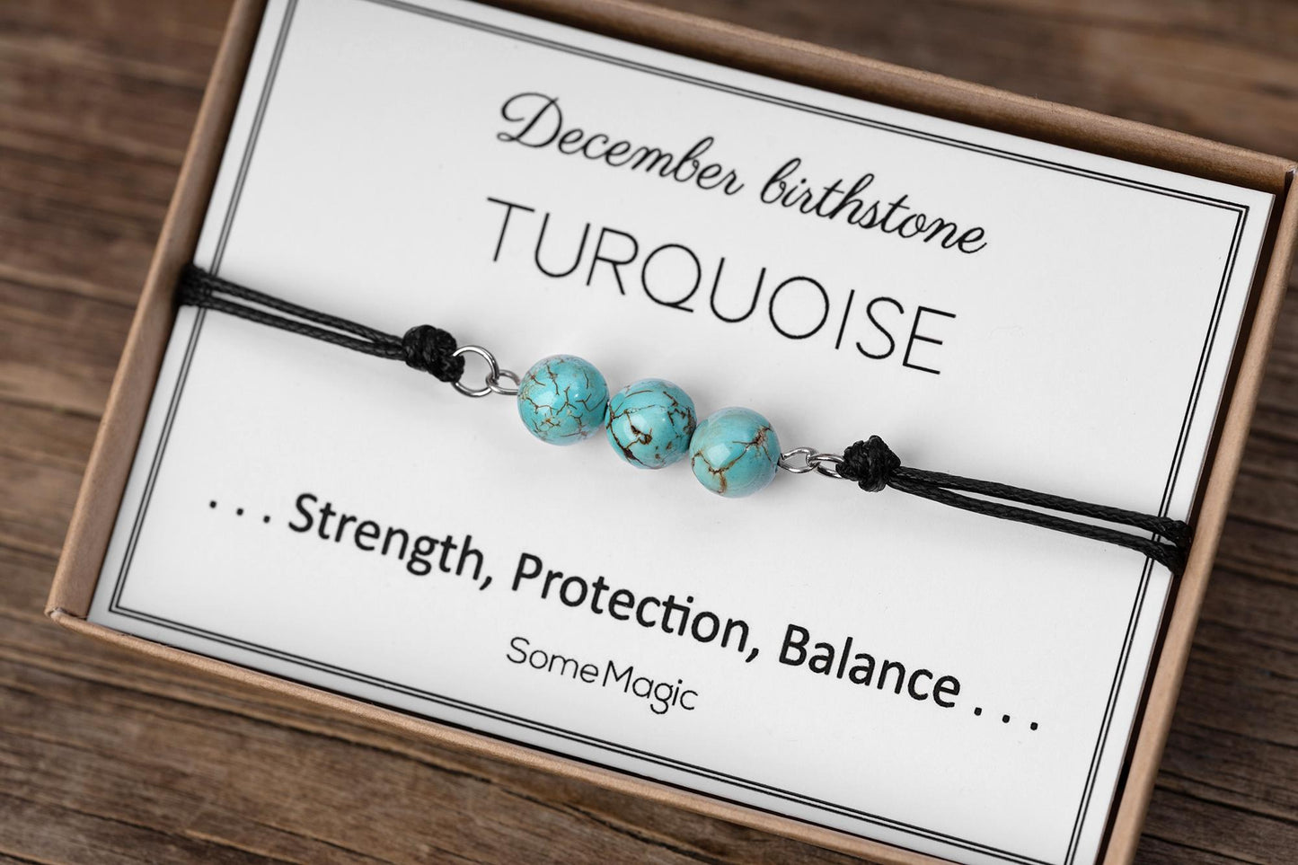 December Birthstone Bracelet with Blue Turquoise Crystal, Adjustable Cord Bracelet, Gemstone Jewelry, Birthday Gift with Meaning Card, BGM