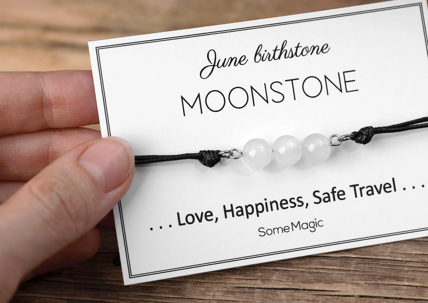 June Birthstone Bracelet with Natural Moonstone Crystal, Adjustable Cord Bracelet, Gemstone Jewelry, Birthday Gift with Meaning Card, BGM