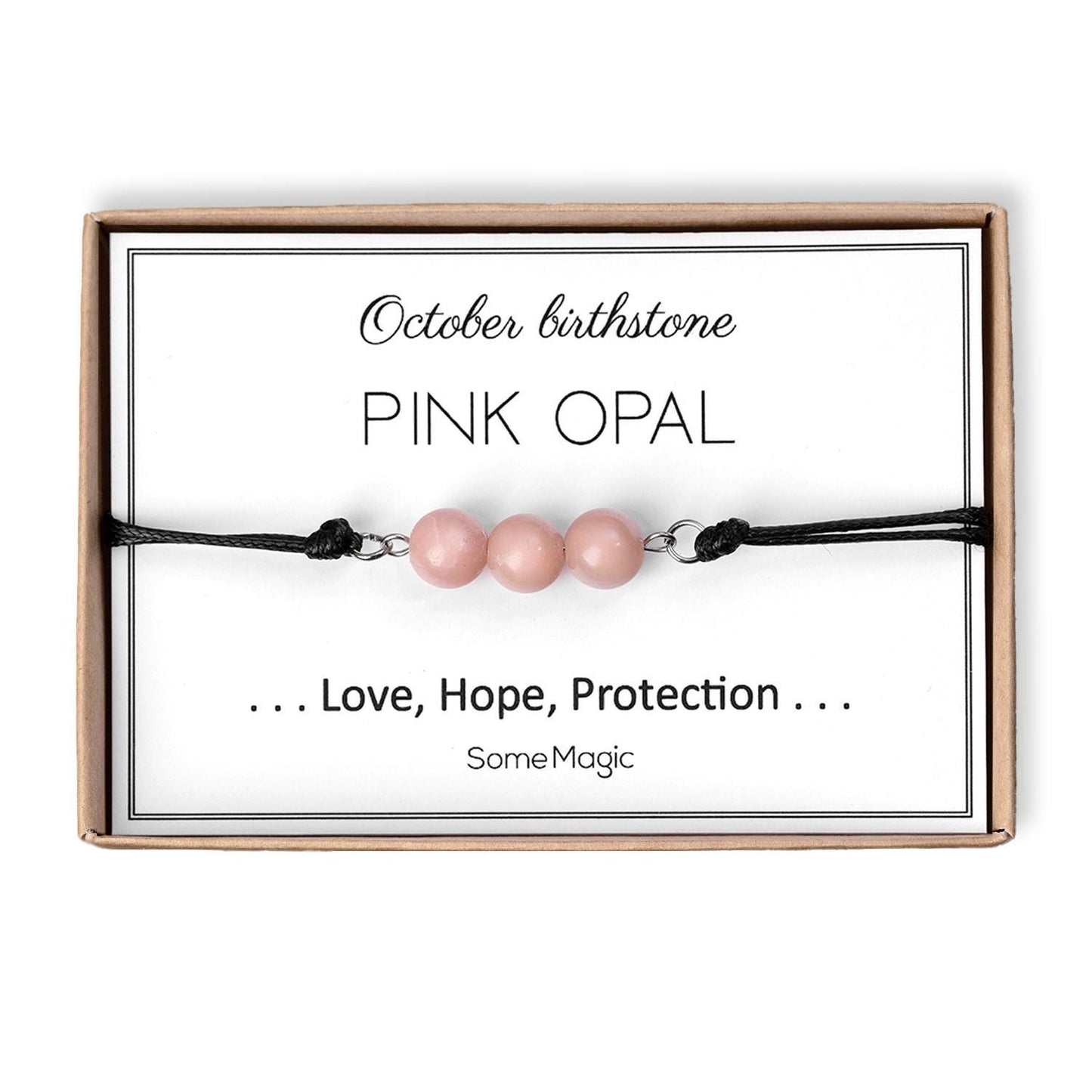 October Birthstone Bracelet with Natural Pink Opal Crystal, Adjustable Cord Bracelet, Gemstone Jewelry, Birthday Gift with Meaning Card, BGM