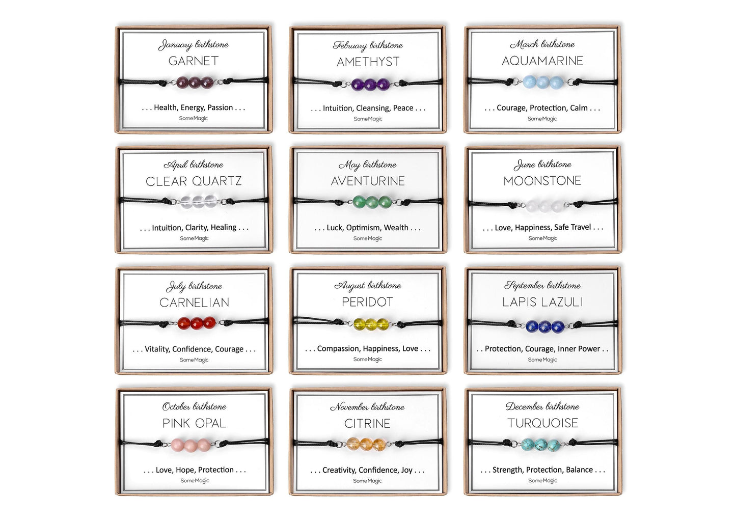 Birthstone Bracelet with Natural Gemstone, Adjustable Cord Bracelet, Real Crystal Jewelry, Birthday Gift with Mineral Meaning Card, BGM