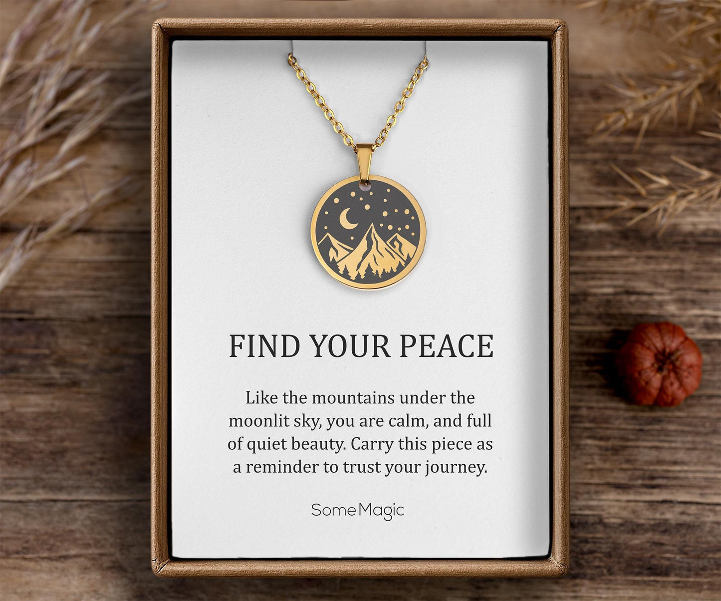 Mountains, Moon & Stars Necklace, Birthday Gift for Daughter from Mom or Dad, Ready to Gift Inspiring Motivating Jewelry, Find Your Peace