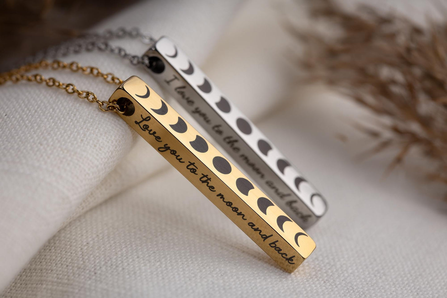 All Phases of the Moon Cycle Necklace with Custom Engraving on Vertical Bar 3D Charm for Celestial Jewelry Layering, Silver Gold Black, KP.2