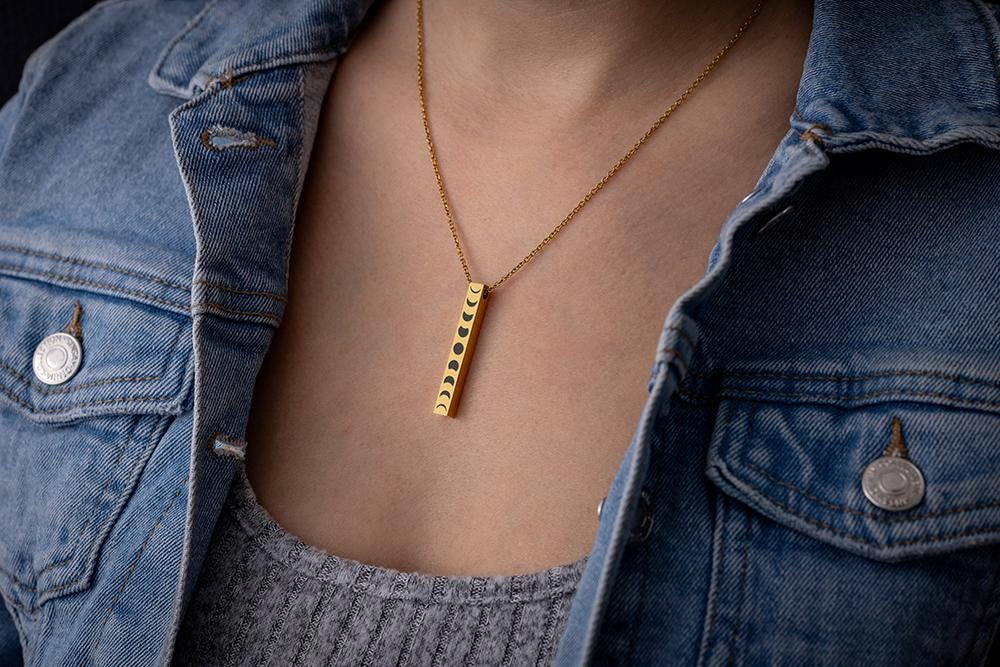 All Phases of the Moon Cycle Necklace with Custom Engraving on Vertical Bar 3D Charm for Celestial Jewelry Layering, Silver Gold Black, KP.2
